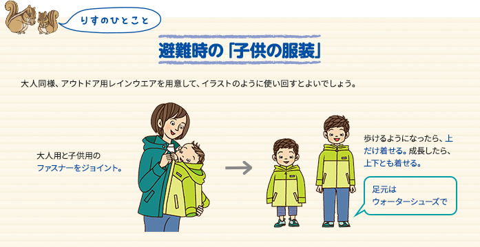 避難時の「子どもの服装」 大人同様、アウトドア用レインウエアを用意して、使い回すとよいでしょう。