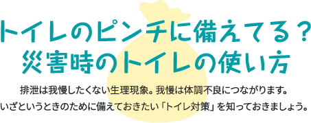 トイレのピンチに備えてる？災害時のトイレの使い方 排泄は我慢したくない生理現象。我慢は体調不良に繋がります。いざというときのために備えておきたい「トイレ対策」を知っておきましょう。