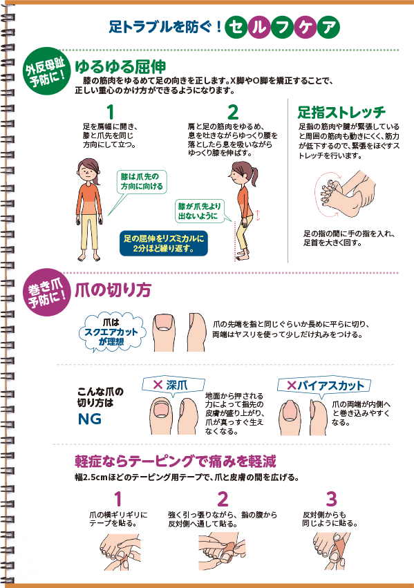 足トラブルを防ぐ！セルフケア 外反母趾予防に！ ゆるゆる屈伸 膝の筋肉をゆるめて足の向きを正します。X脚やO脚を矯正することで、正しい重心のかけ方ができるようになります。 巻き爪予防に！爪の切り方 爪はスクエアカットが理想 こんな爪の切り方はNG 深爪 バイアスカット 軽症ならテーピングで痛みを軽減 幅2.5cmほどのテーピング用テープで、爪と皮膚の間を広げる。