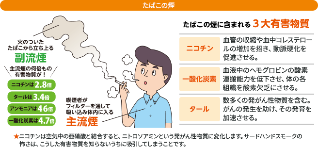 たばこの煙火のついたたばこから立ち上がる副流煙主流煙の何倍もの有害物質が！ニコチンは2.8倍タールは3.4倍アンモニアは46倍一酸化炭素は4.7倍喫煙者がフィルターを通して吸い込み体内に入る主流煙たばこの煙に含まれる3大有害物質ニコチン血管の収縮や血中コレステロールの増加を招き、動脈硬化を促進させる一酸化炭素血液中のヘモグロビンの酸素運搬能力を低下させ、体の各組織を酸素欠乏にさせる。タール数多くの発がん性物質を含む。がんの発生を助け、その発育を加速させる。