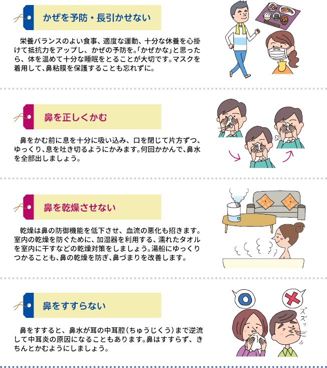かぜを予防・長引かせない 鼻を正しくかむ 鼻を乾燥させない 鼻をすすらない