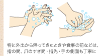 特に外出から帰ってきたときや食事の前などは、指の間、爪のすき間・指先・手の側面も丁寧に