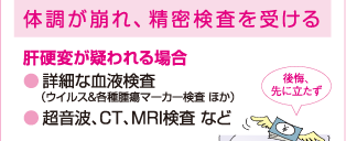 体調が崩れ、精密検査を受ける　肝硬変が疑われる場合・詳細な血液検査/超音波、CT、MRI検査など