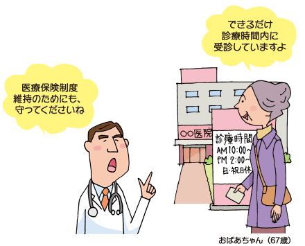 「医療保険制度維持のためにも、守ってくださいね」「できるだけ診療時間内に受診していますよ」