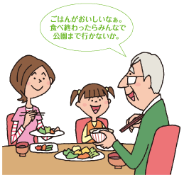 ごはんがおいしいなぁ。食べ終わったらみんなで公園まで行かないか。