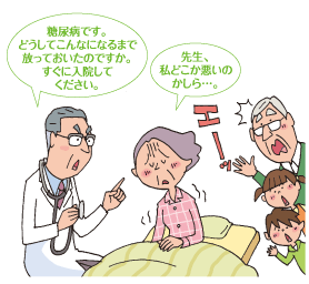 先生、私どこか悪いのかしら…。 糖尿病です。どうしてこんなになるまで放っておいたのですか。すぐに入院してください。