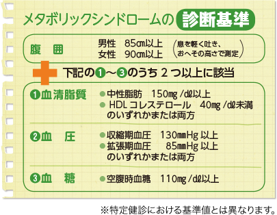 メタボリックシンドロームの診断基準 腹囲 男性85㎝以上 女性90㎝以上(息を軽く吐き、おへその高さで測定)+①~③のうち2つ以上に該当 1 血清脂質 中性脂肪 150㎎/㎗以上 HDLコレステロール 40㎎/㎗未満 のいずれかまたは両方 ②血圧 収縮期血圧 130㎜/Hg以上 拡張期血圧 85㎜Hg以上 のいずれかまたは両方 ③血糖 空腹時血糖 110㎎/㎗以上 ※特定健診における基準値とは異なります。