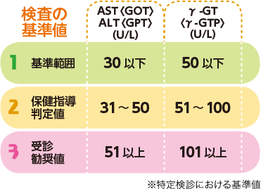 検査の基準値。1 基準範囲 AST〈GOT〉ALT〈GTP〉 30U/L以下 γ-GT〈γ-GTP〉 50U/L以下、2 保健指導判定値 AST〈GOT〉ALT〈GTP〉 31~50U/L γ-GT〈γ-GTP〉 51~100U/L、3 受診勧奨判定値 AST〈GOT〉ALT〈GTP〉 51U/L以上 γ-GT〈γ-GTP〉 101U/L以上。※特定検診における基準値