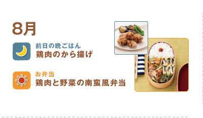 8月
鶏肉のから揚げ
鶏肉と野菜の南蛮風弁当