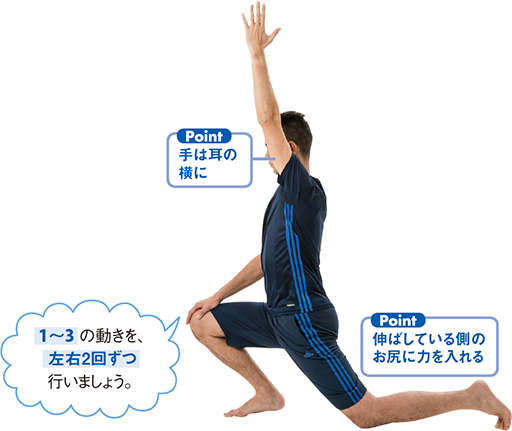 手は耳の横に 伸ばしている側のお尻に力を入れる 1～3 の動きを、左右2回ずつ行いましょう。